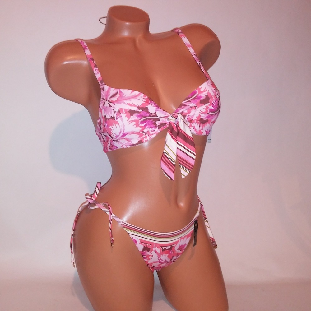 Victoria Secret Swim Bikini 32B Top XS Bottom Pink Floral Push Up Underwire New